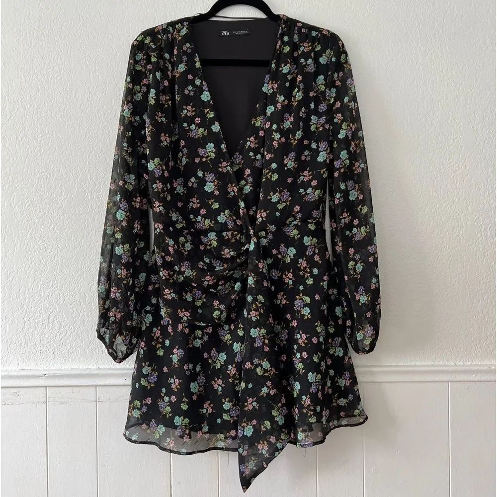 ZARA black turquoise floral afternoon tea party grunge 90s style dress XL